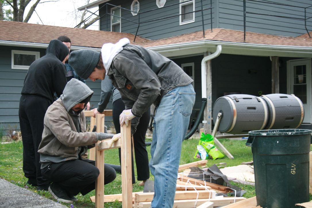 Folks working on building a community garden